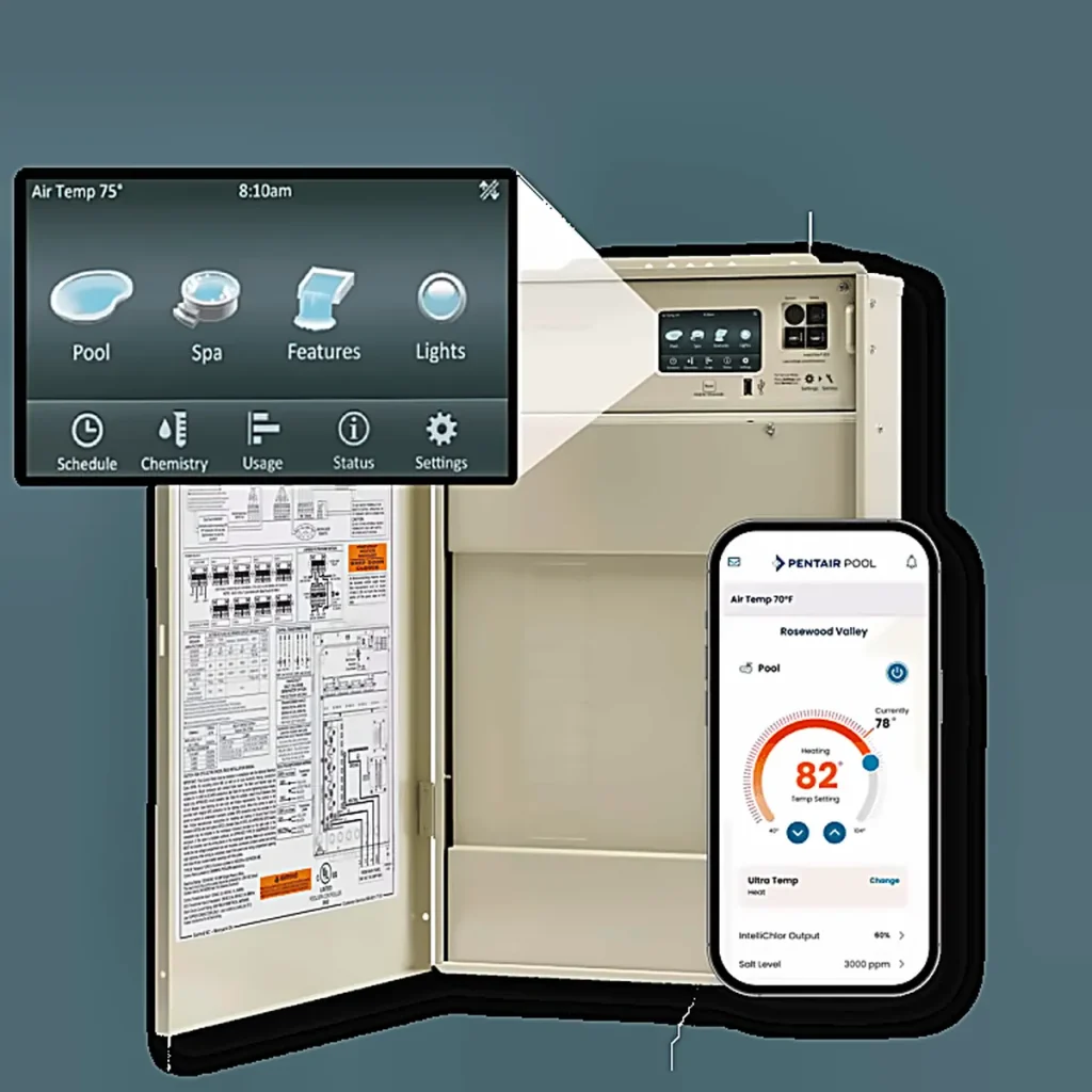 Home 6 Pool automation control panel and mobile app interface