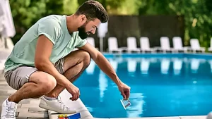 Pool technician testing water beside a backyard swimming pool